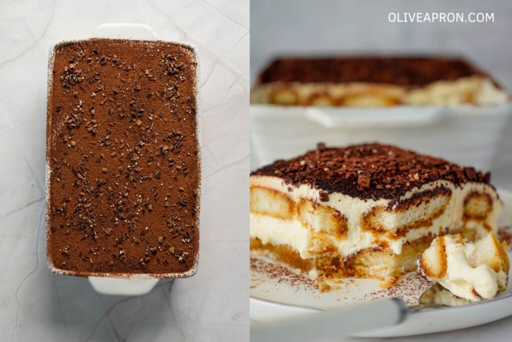 Homemade tiramisu cake, layered with coffee-soaked ladyfingers and mascarpone filling, in a baking dish.
