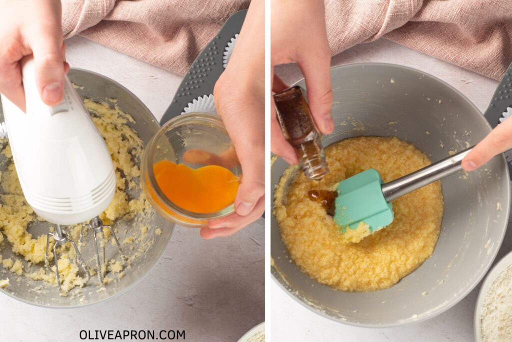 Adding egg and vanilla extract