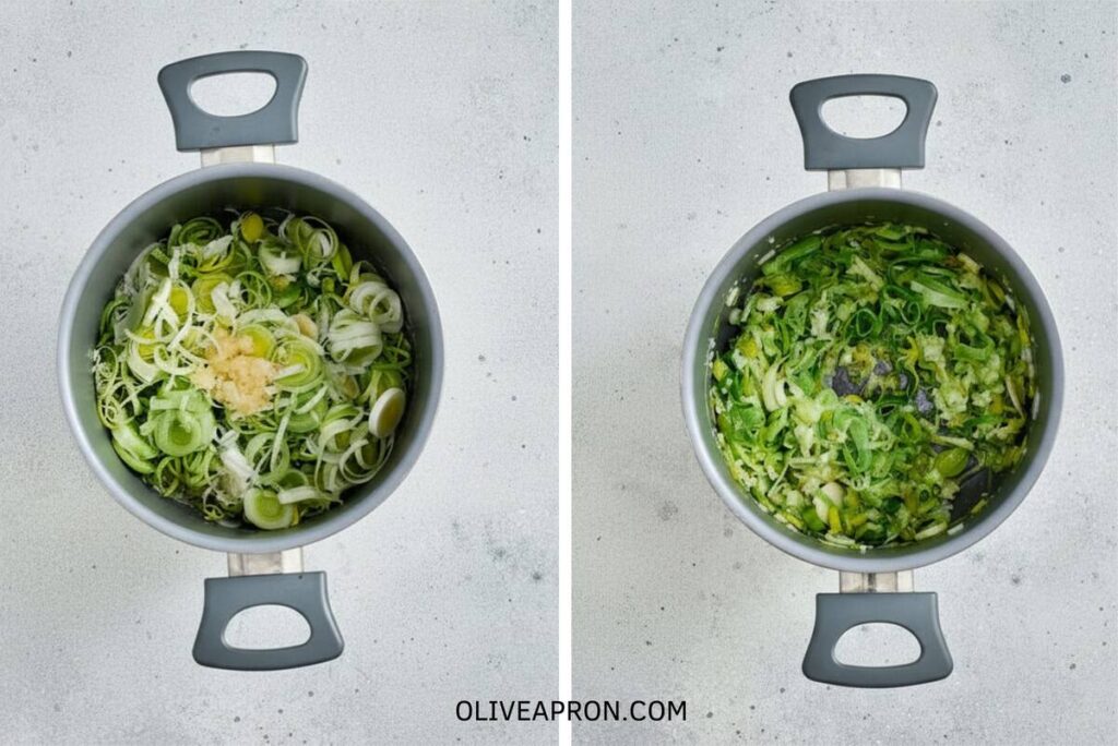 Leeks and garlic in a pot