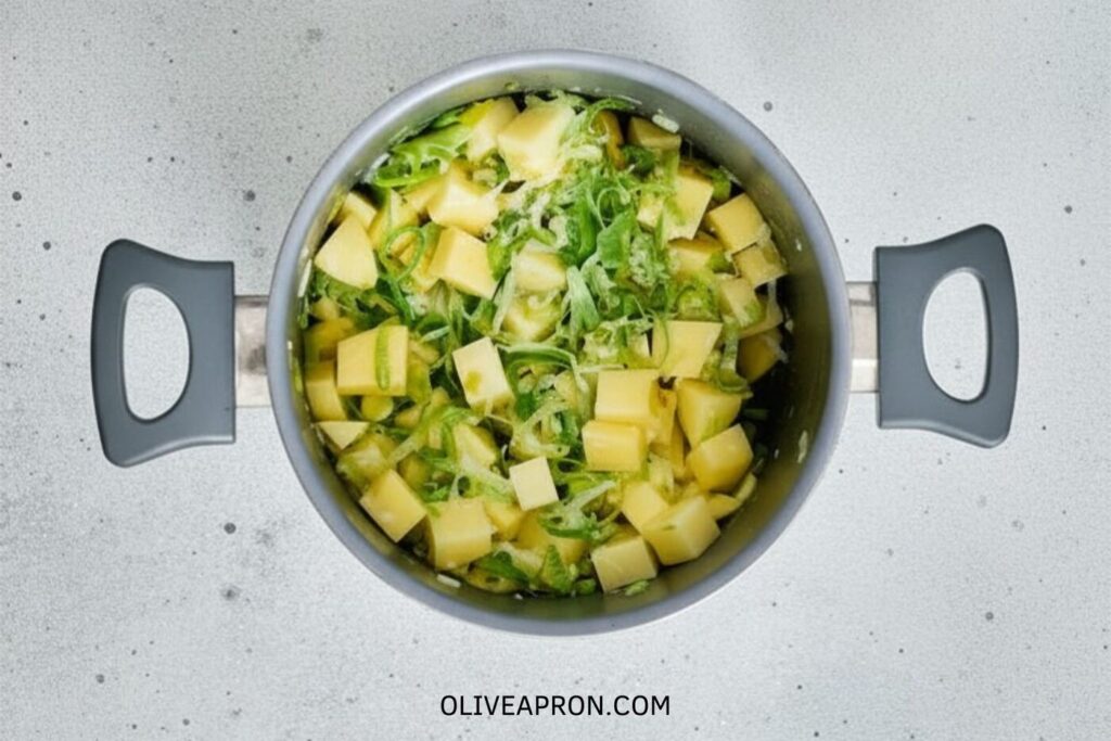 Leeks and potatoes in a pot