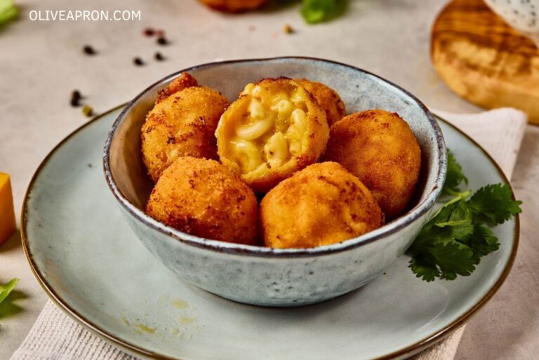 Crispy mac and cheese bites with a creamy cheesy center.