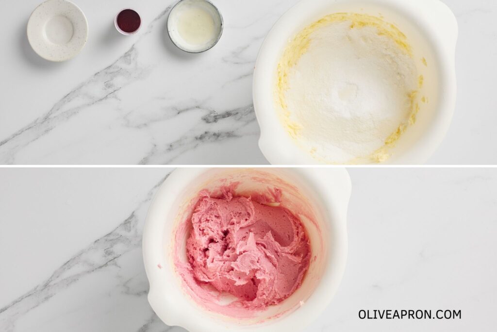 Adding powdered sugar and pink coloring food