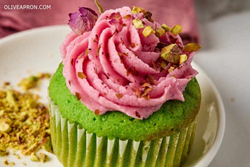 Close up of a single Pink rose cupcake