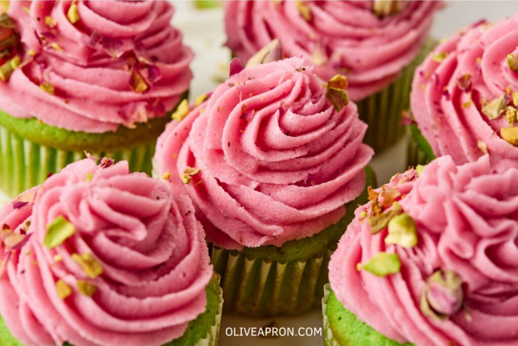 Close up of Rose piped cupcakes