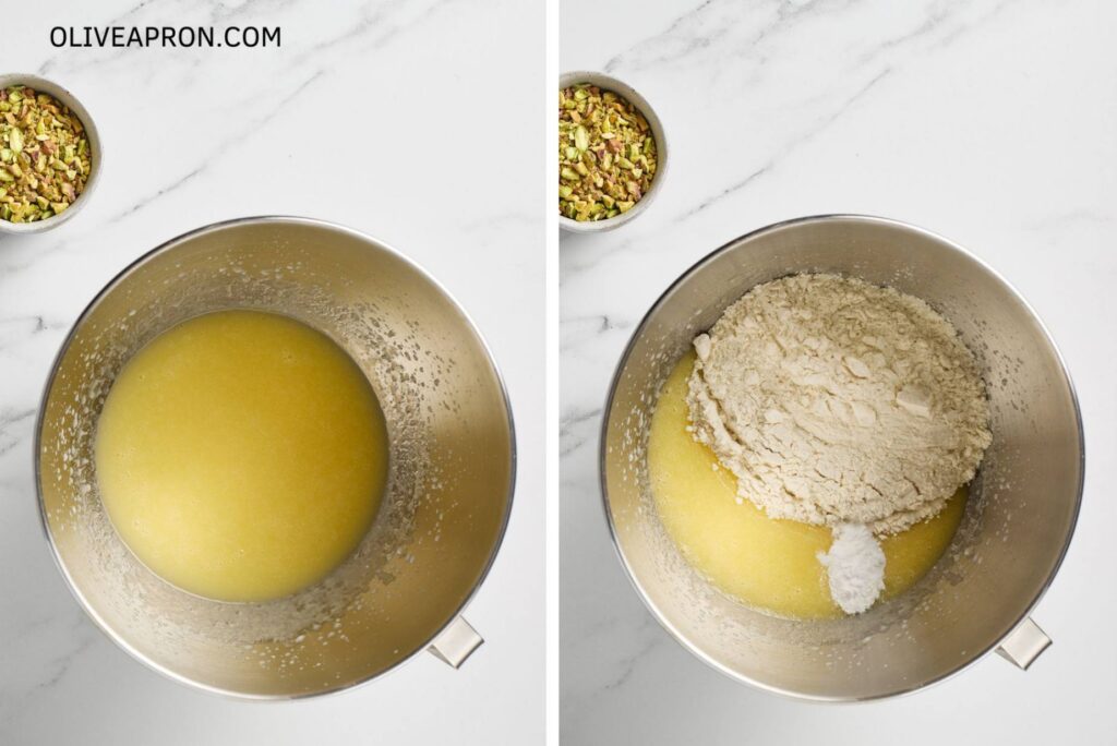 Adding Flour, baking powder, and baking soda to cupcake mixture