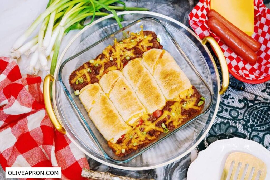 Baked chili cheese hot dog casserole