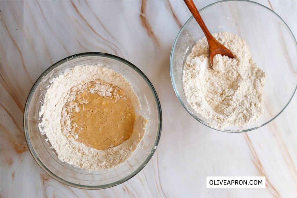 Adding egg, melted butter, flour