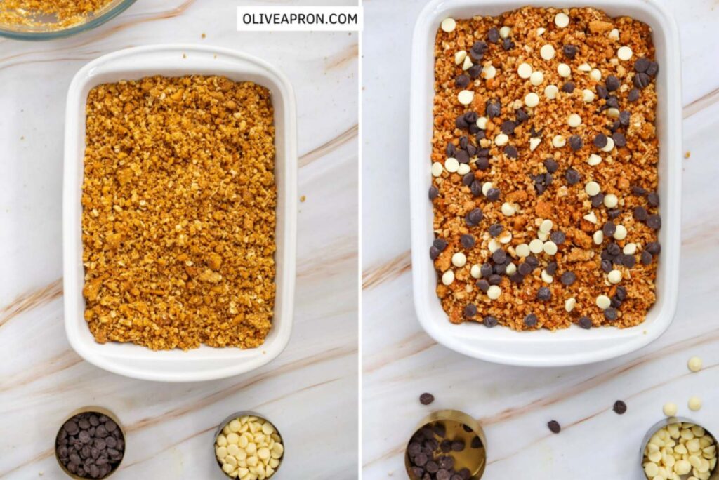 Assembling the  Pumpkin Crisp in a baking dish