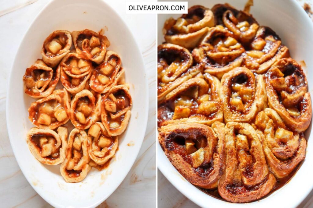 Before and after baking apple cinnamon rolls