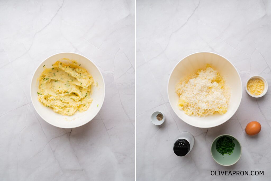 Bowl of mash potato mixed with Parmesan cheese
