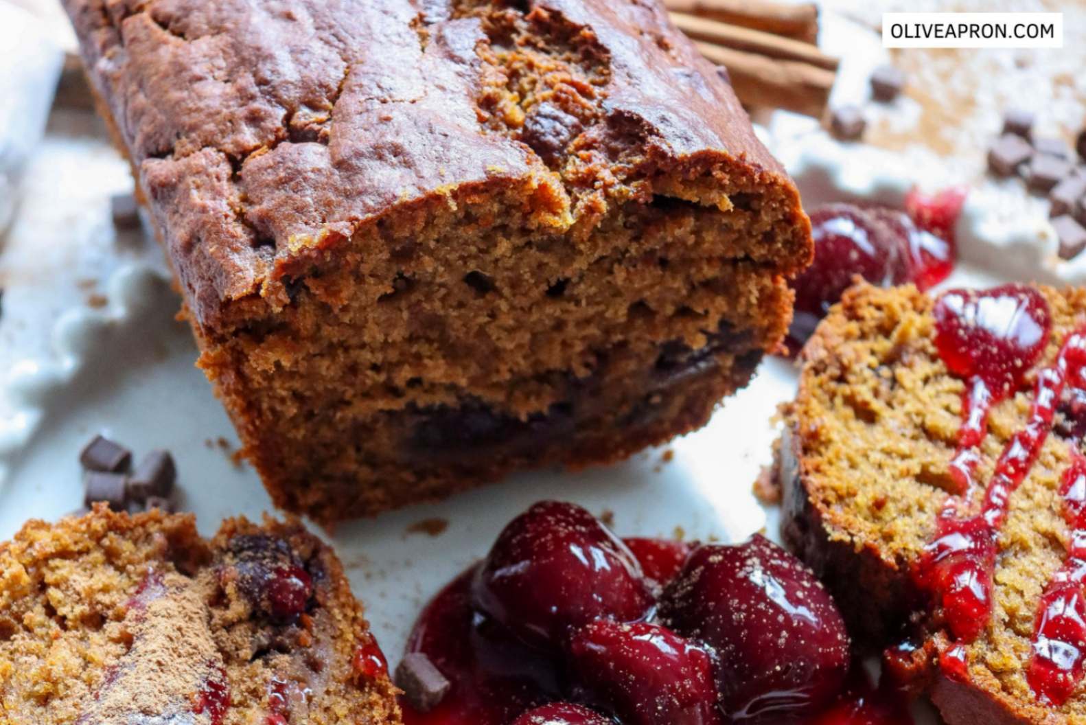 Close up of cherry pumpkin loaf cake