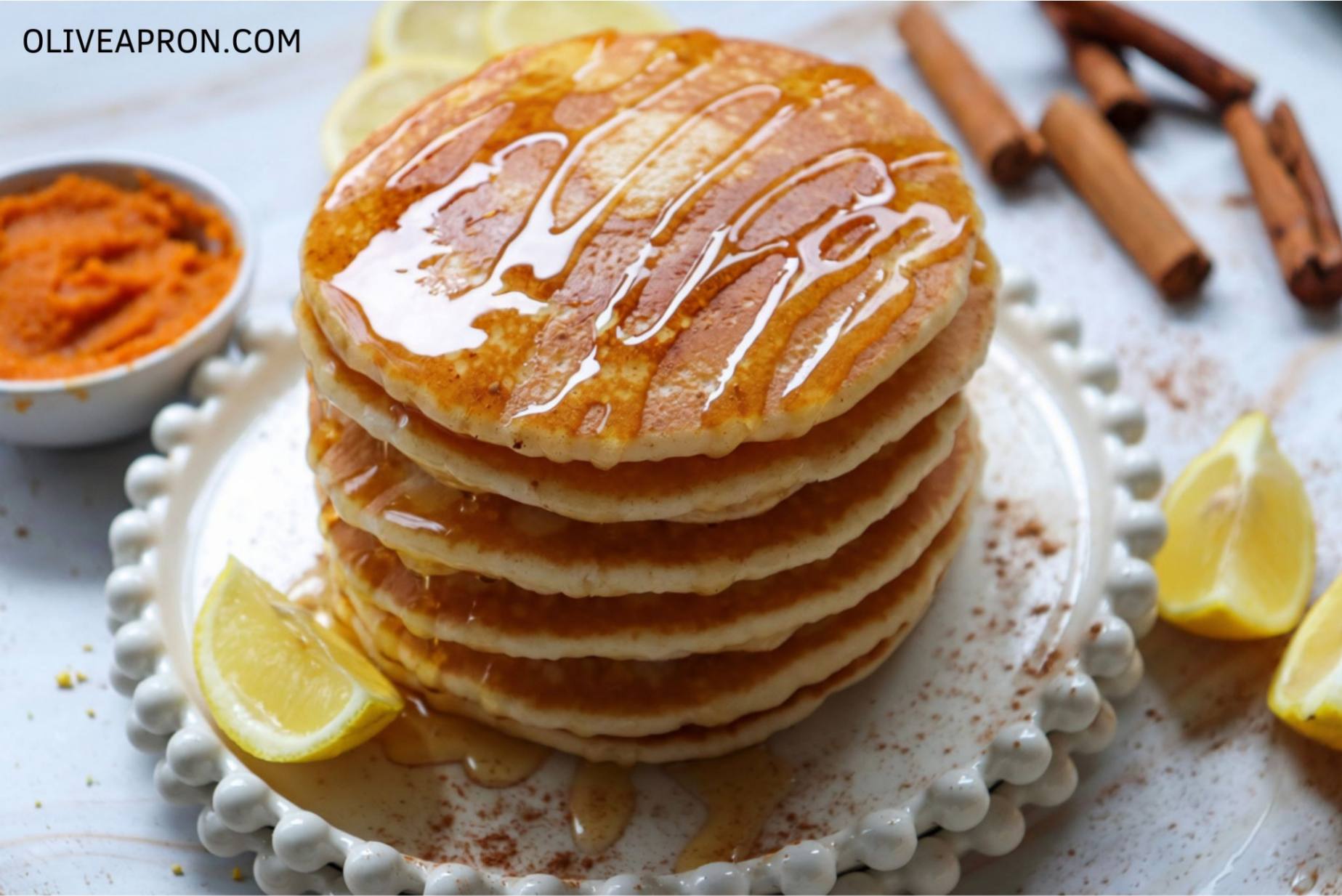 Close up of stacked pancakes with syrup