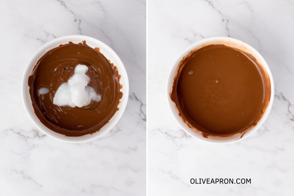 Mixing coconut oil with melted chocolate