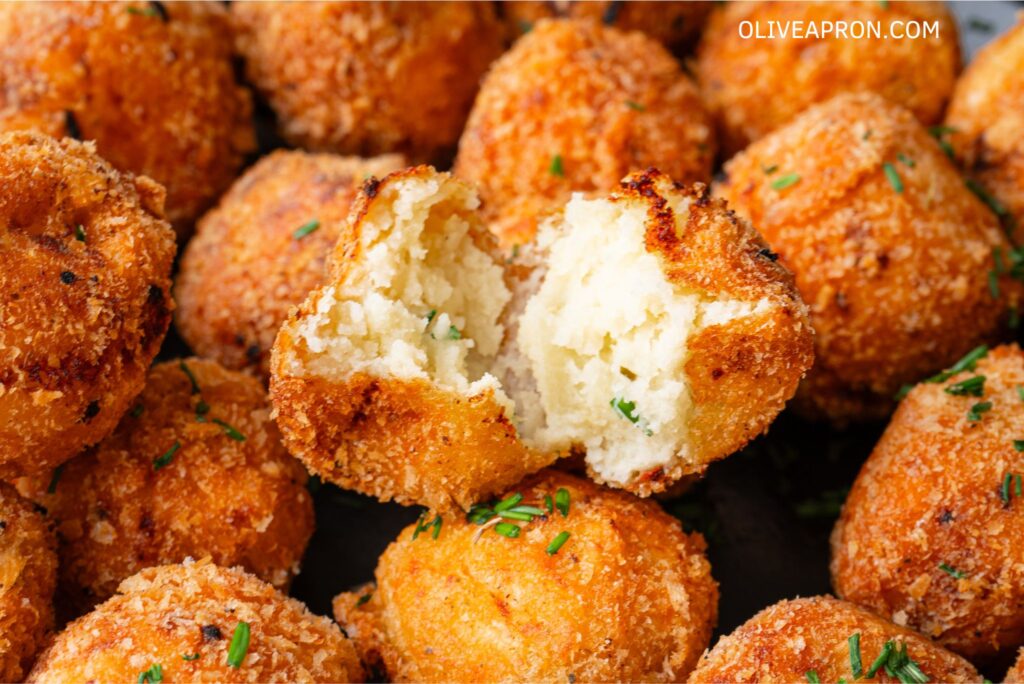 Potato bites with a broken one showing the center