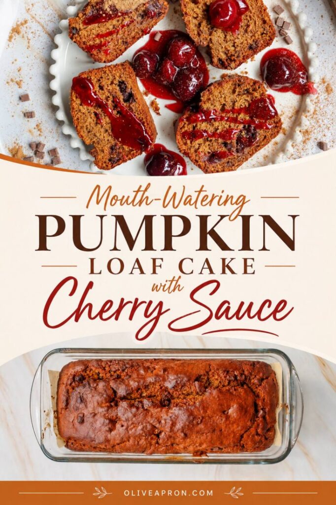 Pumpkin Loaf Cake in a baking dish and a plate with pumpkin cake slices with cherry sauce