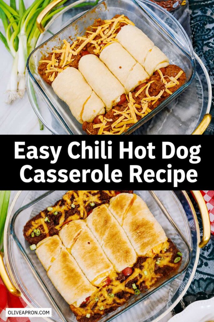 Easy chili hot dog casserole collage pin
