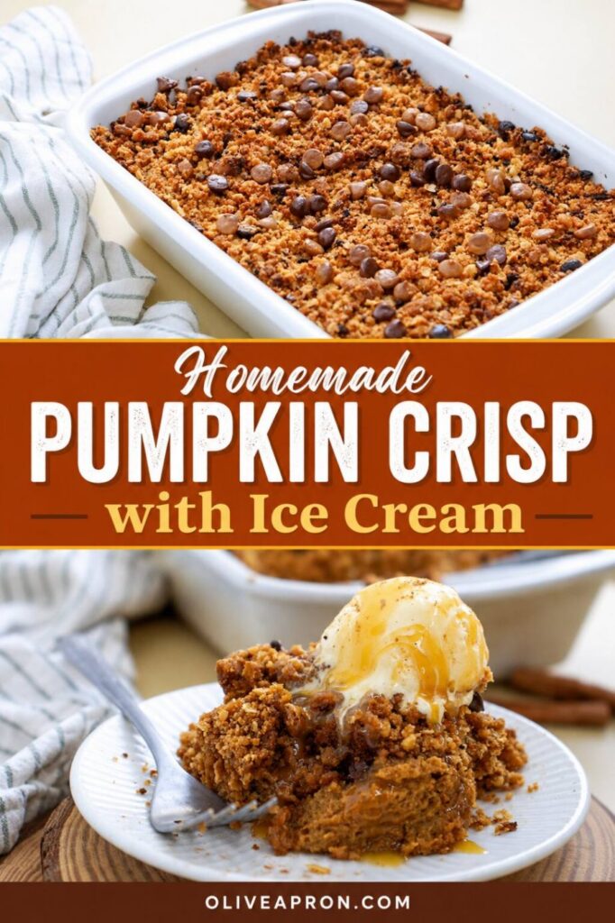 Baked Pumpkin crisp on a baking dish and a portion of pumpkin crisp on a serving plate with ice cream on top and a fork