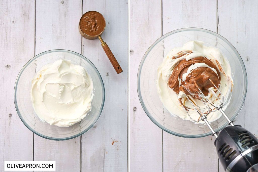 Mixed cream cheese and peanut butter with an electric mixer in a bowl