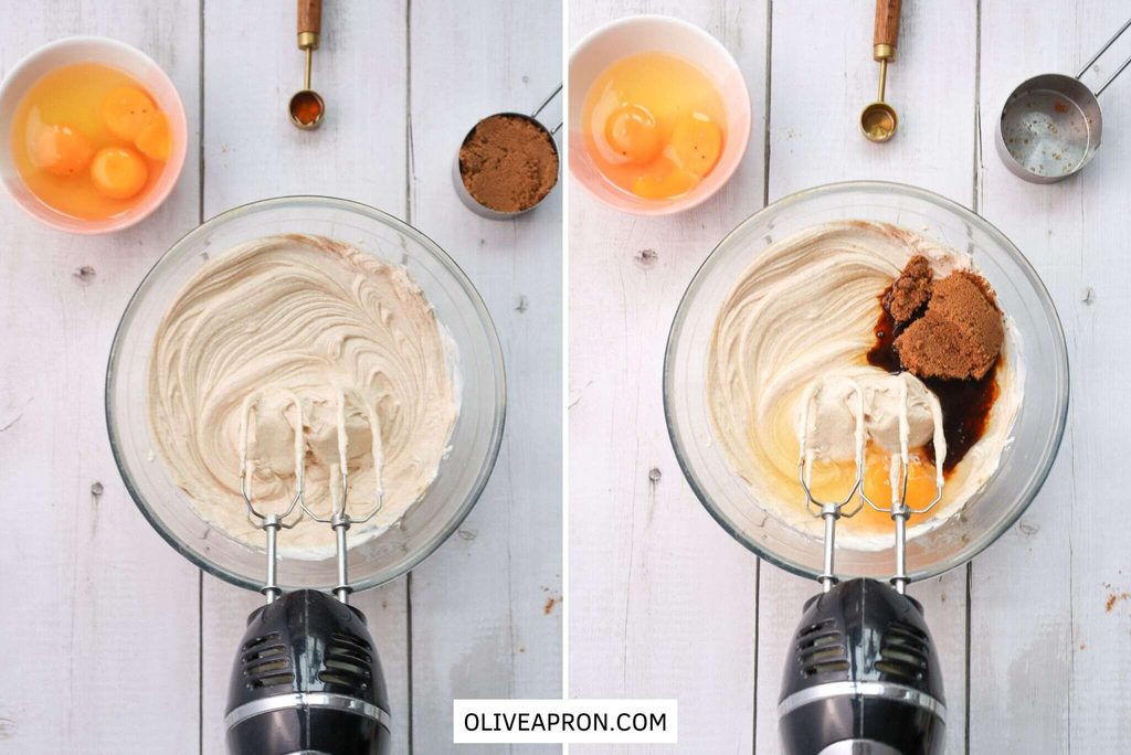 Adding eggs and brown sugar to a bowl and mixing together with an electric mixer