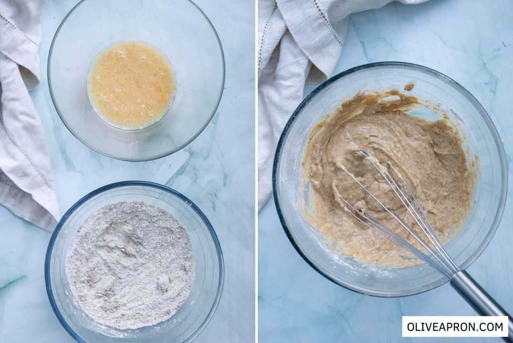Combined wet and dry gingerbread pancake batter in a bowl with a whisk