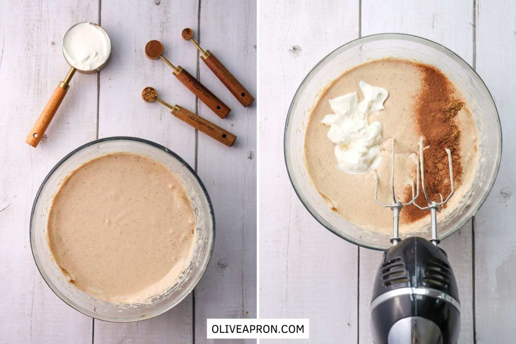 Mixing sour cream and spices in a bowl with an electric mixer