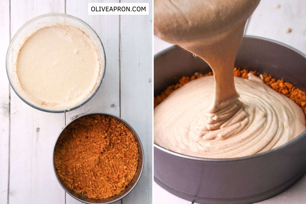Pouring filling into gingerbread crust in a springform pan