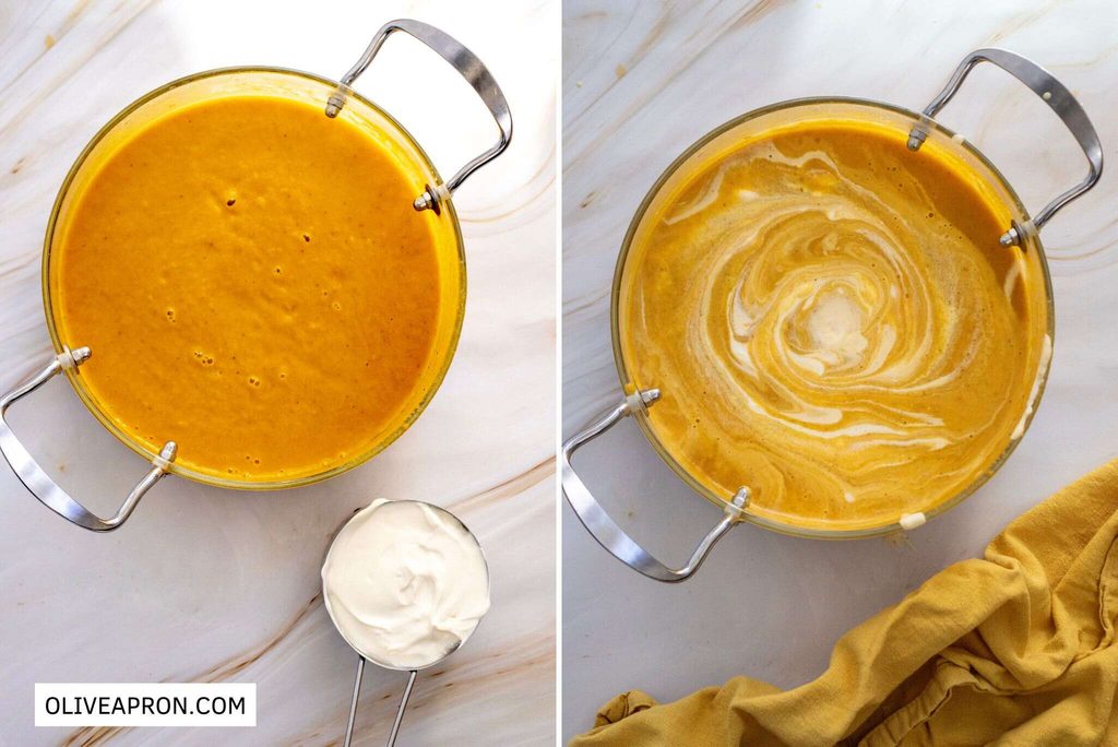 One pot of pumpkin soup with cream and another pot without cream